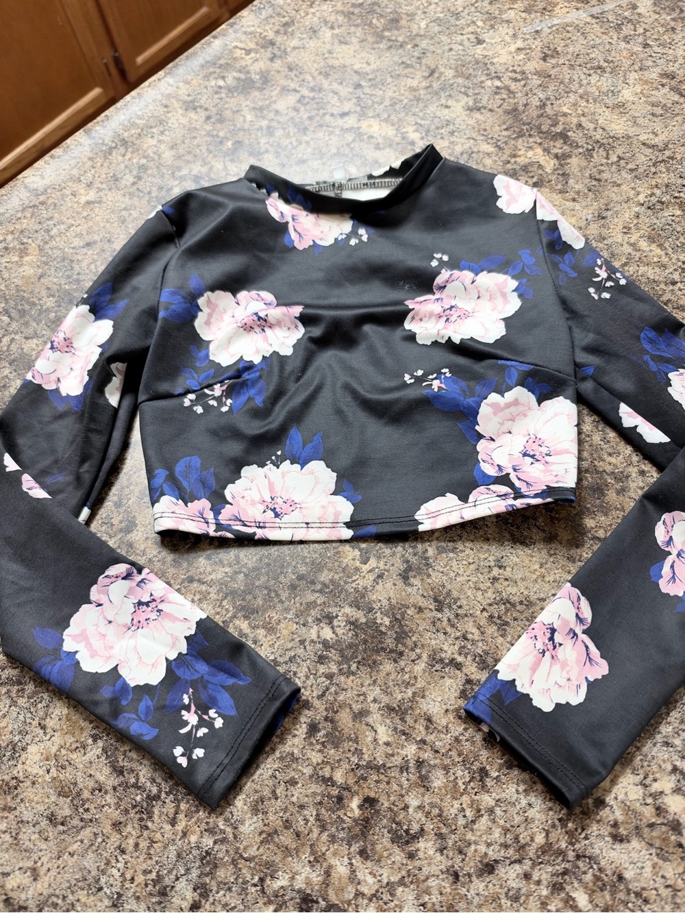 Charlotte Russe Black Floral Long Sleeve Cropped Top with Pink Blossoms